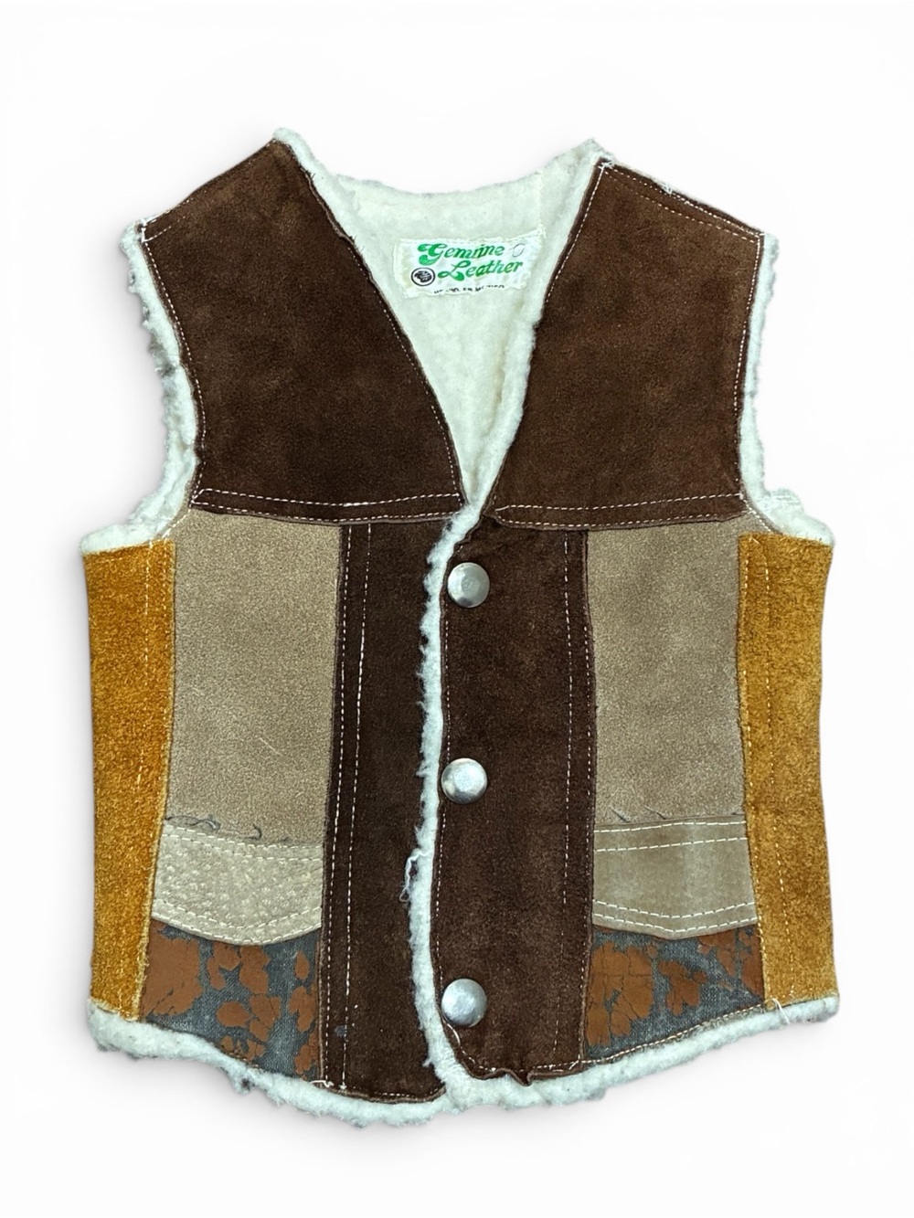 Vintage Genuine Leather Shearling Patchwork Vest Toddler Baby Snap Front Western